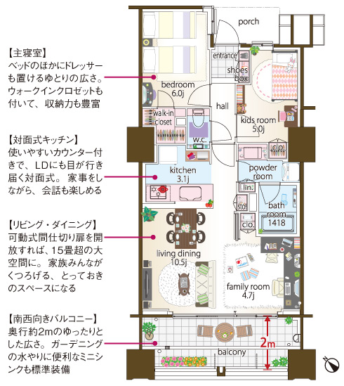 Room and equipment. All houses bright southwestward, Depth of about 2m spacious room of the plan balcony of. On the first floor underground providing a trunk room of all households minute (65Db-1 type furniture arrangement example / 3LD ・ K + WIC occupied area 64.48 sq m  ※ Balcony area, including the first floor trunk room area basement 12 sq m porch area 3.57 sq m)