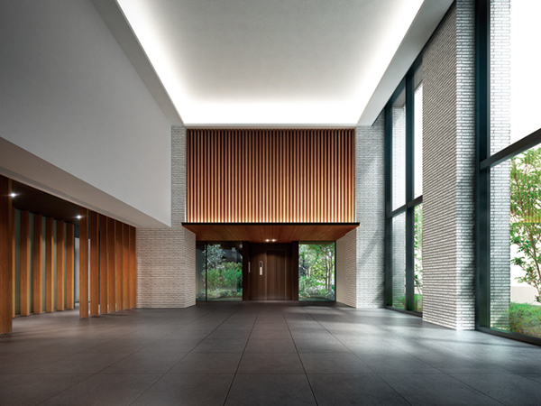 Features of the building.  [Entrance hall] Ceiling height 5m more than, 2-layer blow-by of the entrance hall (Rendering). It spreads a green courtyard in the previous filled with airy space
