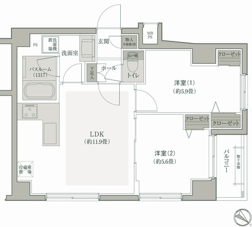  ◆ F type ・ 2LDK footprint / 51.90 sq m balcony area / 3.44 sq m