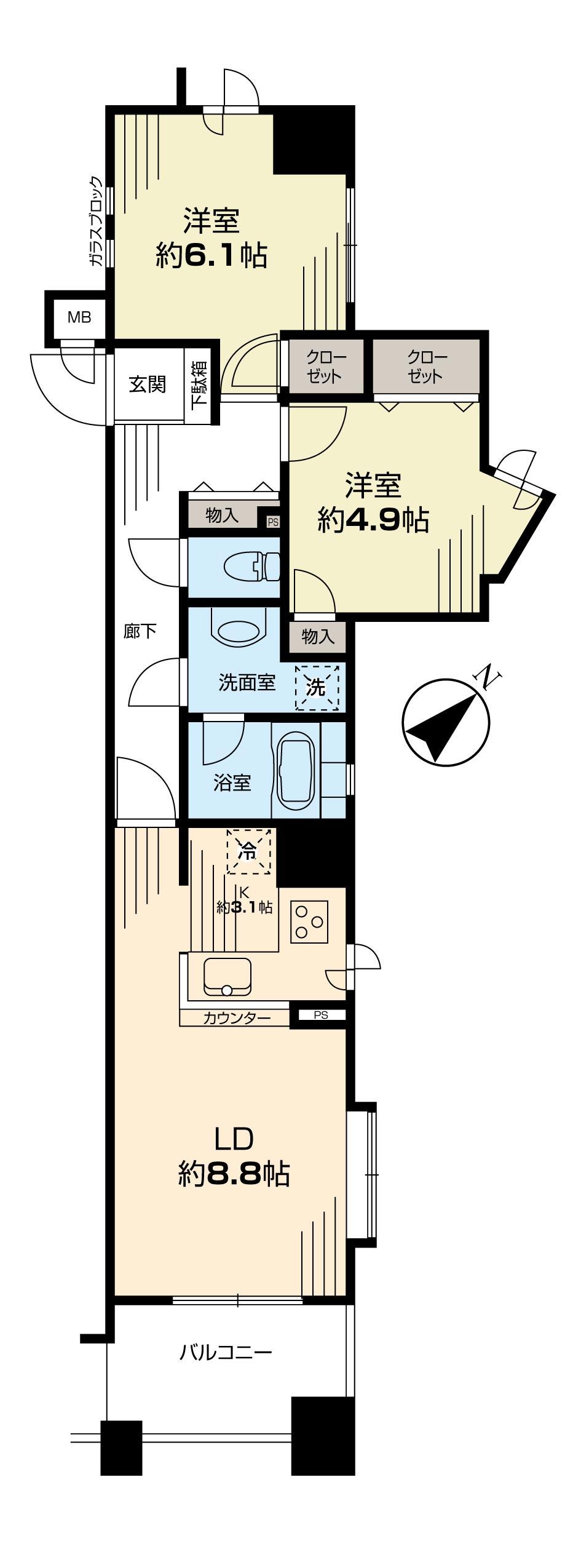 Floor plan. 2LDK, Price 33 million yen, Occupied area 56.21 sq m , Balcony area 5.68 sq m