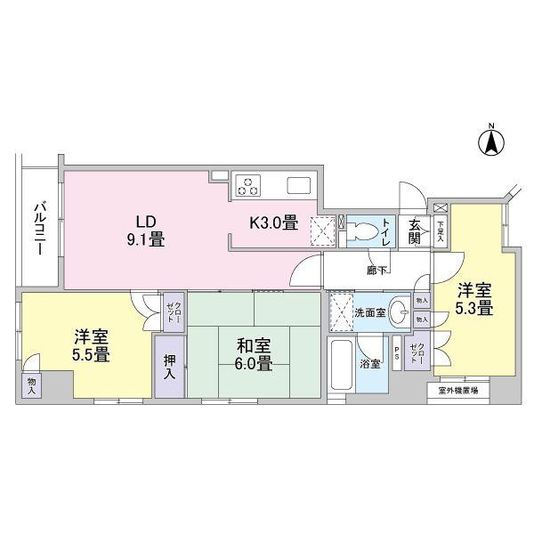 Floor plan. 3LDK, Price 35,800,000 yen, Occupied area 62.73 sq m , Balcony area 3.36 sq m square room ・ A quiet residential area