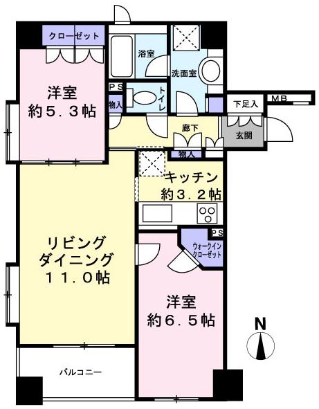 Floor plan. 2LDK, Price 39,800,000 yen, Occupied area 60.33 sq m , Balcony area 5.27 sq m