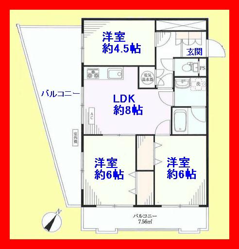 Floor plan. 3LDK, Price 25,800,000 yen, Occupied area 57.82 sq m , Balcony area 25.06 sq m southwest angle room