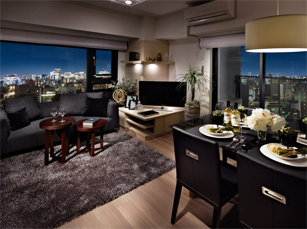 Room and equipment. Cozy living room with two-sided lighting ・ dining. Sparkling beauty and Kana night view is also the charm of the city center. (Building in the model room of the 2013 August shooting ・ 70A type) ※ CG synthesis the local 14th-floor view photos (2013.8 shooting) ・ In fact a slightly different is processed.  ※ View, etc. rank ・ It varies by each dwelling unit, Surrounding environment ・ View might change in the future.