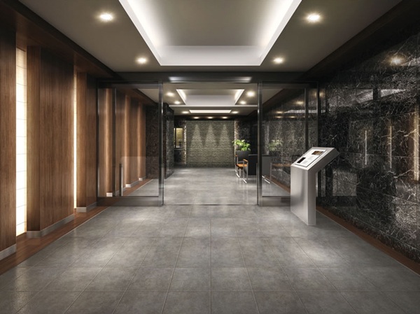 Buildings and facilities. It made up of black marble and wood grain of the decorative wall, Entrance Hall, which wraps around the serene space (Rendering). Incorporate the indirect lighting that spreads a soft light, Produce a calm atmosphere. For us gracefully welcomed visitors.
