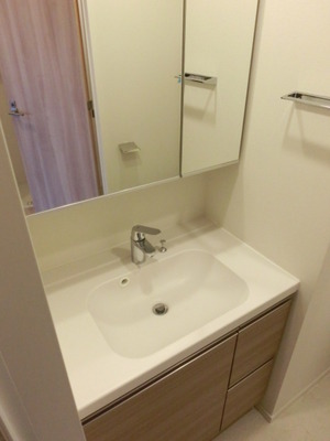 Washroom. Two-sided mirror independent wash basin