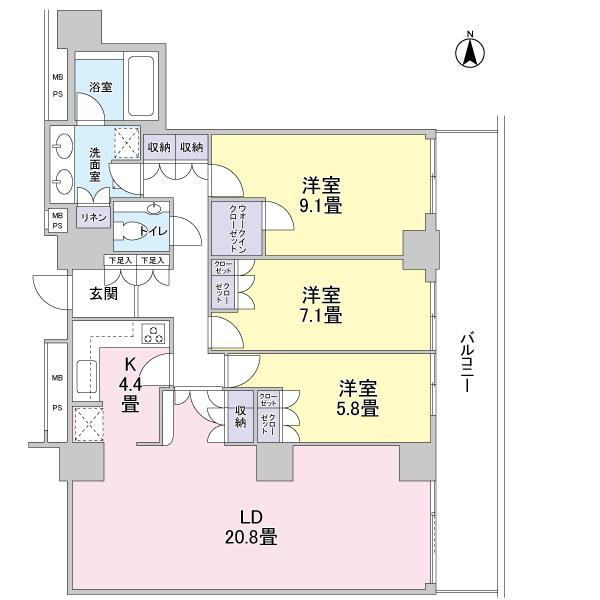 Floor plan. 3LDK, Price 95,800,000 yen, Footprint 104.38 sq m , Balcony area 18.03 sq m 3LD ・ K type