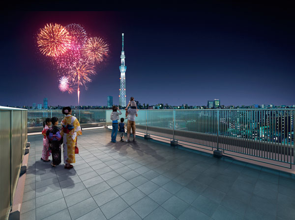 Buildings and facilities. Providing a fun Mel rooftop terrace also Sumida River fireworks of summer hope to close the Tokyo Sky Tree. (Rooftop terrace Rendering)