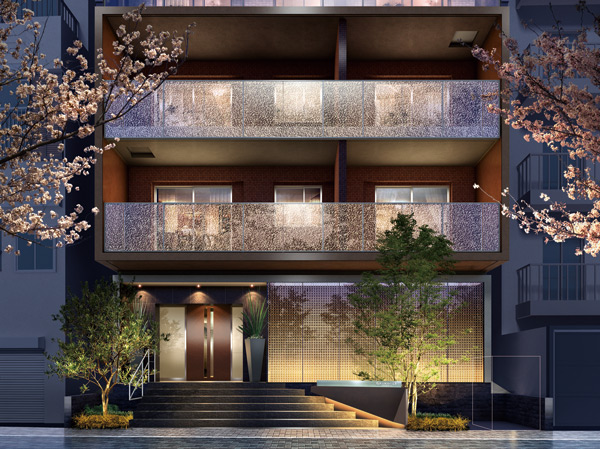 Features of the building.  [entrance] In sharp form tinged with innovation, Color ring to match the Japanese traditional color rust color of the frame of. By combining into one two conflicting of contrast, We have to create a sensitivity to inherit the memory of the earth.  ※ Entrance Rendering