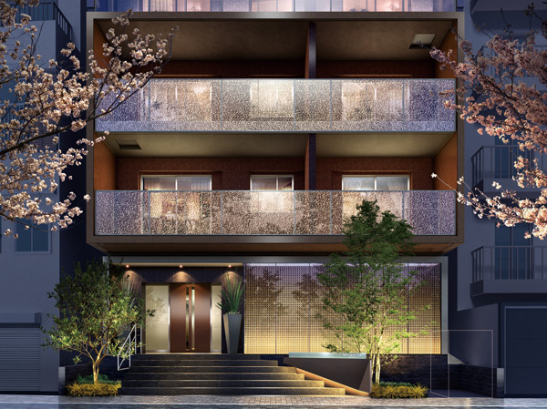 Buildings and facilities. Entrance of modern impression with Japan's traditional color rust color of the frame. It reflects possessed the land as a "historic property" and "innovation" to the design.  ※ Rendering