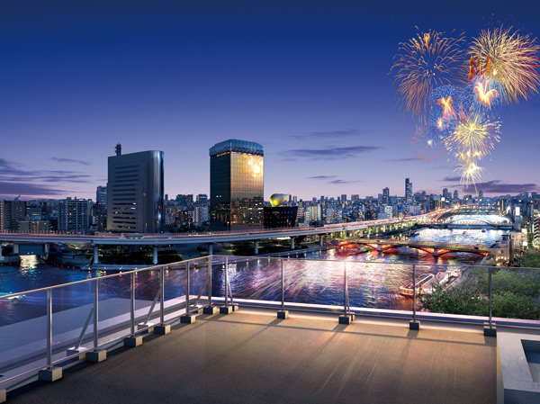 Buildings and facilities. The installed sky terrace on the top floor is special seat of the Sumida River fireworks. Crisp and spread colorful fireworks in front of the eye, You can enjoy the tradition of summer.  ※ Rendering