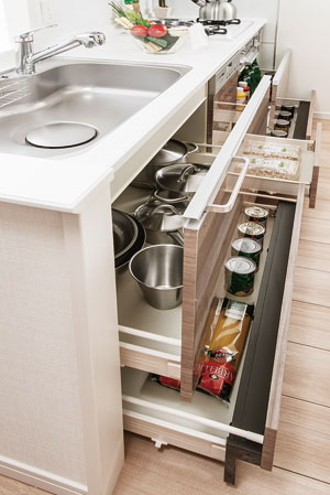 Kitchen.  [Slide cabinet] To accommodated, Adopt a sliding. A large pot can also be out easily by the "high-spec roller rails". Also, Adopt a "soft close function," which closes quietly to absorb the shock at the time of closing. Seasoning, such as, Also it comes with a small drawer glad for storage of vials.