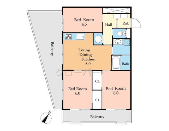 Floor plan. 3LDK, Price 25,800,000 yen, Occupied area 57.82 sq m , Balcony area 25.06 sq m