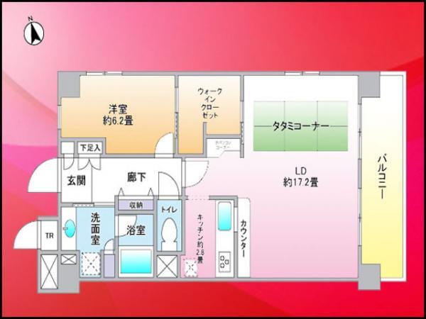 Floor plan. 1LDK, Price 31,300,000 yen, Occupied area 62.06 sq m , Balcony area 8.9 sq m