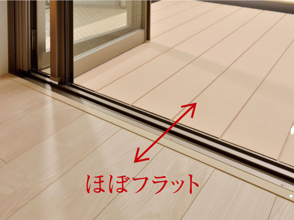balcony ・ terrace ・ Private garden.  [Wood deck] Wood deck and living ・ Has adopted a flat tone floor level difference is less of the dining floor.  ※ Bos, Bosr type only (Bos type same specifications)