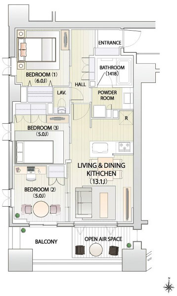 Building structure. Bos type floor plan: 3LDK + OS (open-air space) Occupied area / 66.71 sq m  Balcony area / 6.46 sq m  Open-air space area / 6.66 sq m