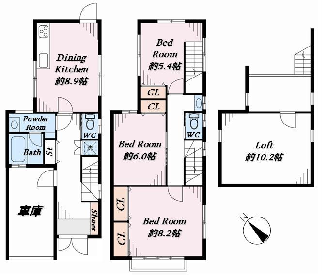 Floor plan. 39,800,000 yen, 3DK, Land area 66.68 sq m , Building area 93.08 sq m Covered garage space. Spacious loft space. Interior, Renovated.