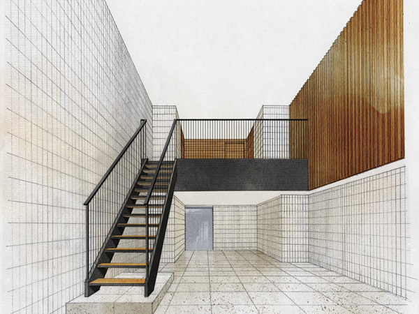 Shared facilities.  [Yingbin space of a two-layer atrium filled with a feeling of opening] Airy two-layer blow-by of the entrance hall. The stairs and the second floor of the handrail to design a vertical grid, Produce a modern space. It celebrates comfortably live person and visited towards the. (Entrance Hall Rendering Illustration)