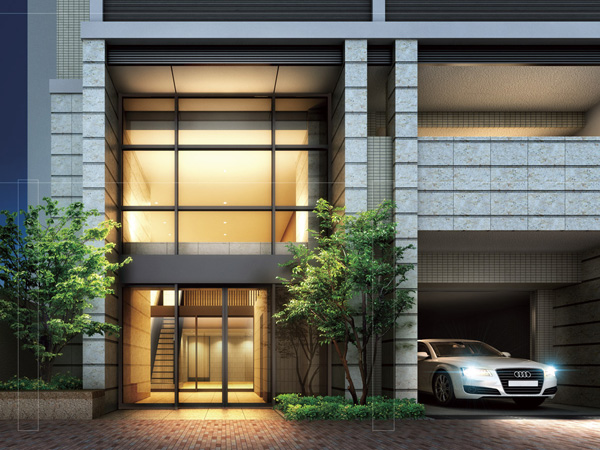 Buildings and facilities. Facade design strike a sense of beauty to the streets. Design the beige tile in harmony with streets in the whole building. Expressive facade, such as you connect the two buildings has become a new landscape of the city, It will be the pride of the people live. (Grand Entrance Rendering)