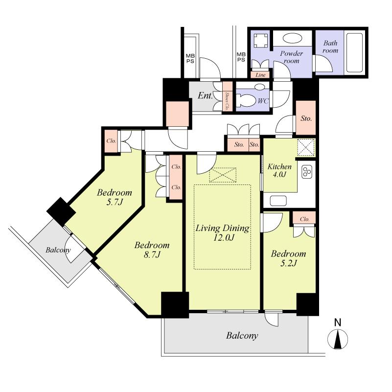 Floor plan. 3LDK, Price 78,800,000 yen, Occupied area 87.21 sq m , Balcony area 12.75 sq m