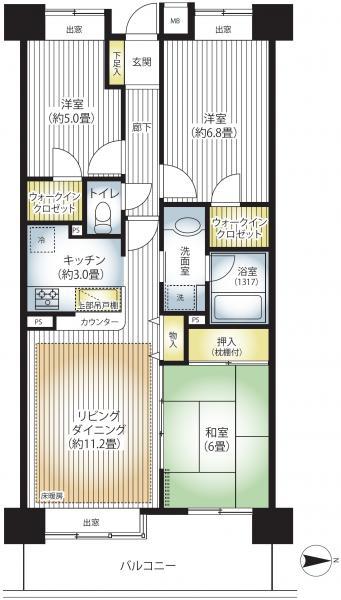 Floor plan. 3LDK, Price 30,800,000 yen, Occupied area 70.45 sq m , Balcony area 12.2 sq m