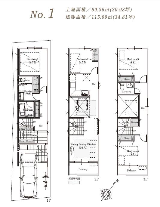 Floor plan. (1 Building), Price 56,900,000 yen, 4LDK, Land area 69.36 sq m , Building area 115.09 sq m