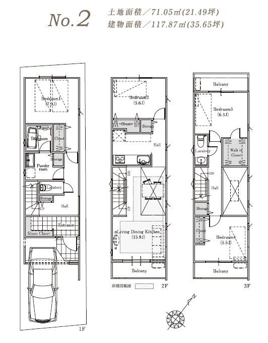 Floor plan. (Building 2), Price 58,600,000 yen, 4LDK, Land area 71.05 sq m , Building area 117.87 sq m