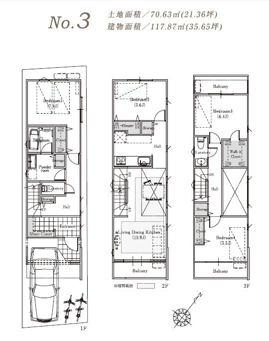 Floor plan. (3 Building), Price 59,900,000 yen, 4LDK, Land area 70.63 sq m , Building area 117.87 sq m