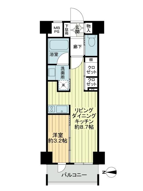 Floor plan. 1DK, Price 21,800,000 yen, Occupied area 31.33 sq m , Balcony area 4.83 sq m