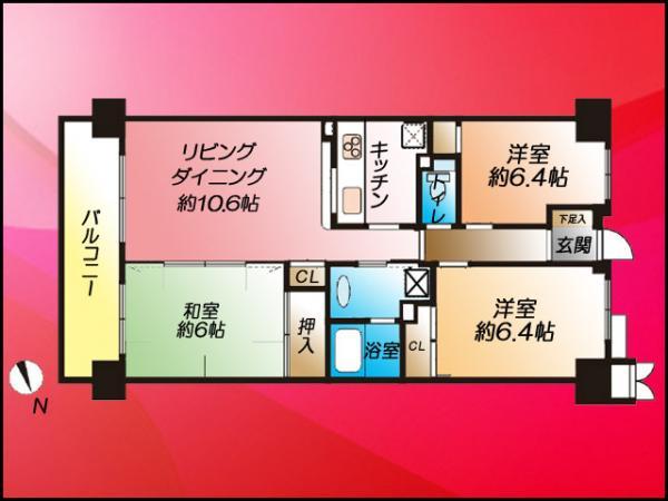 Floor plan. 3LDK, Price 33,800,000 yen, Occupied area 65.13 sq m , Balcony area 8.4 sq m