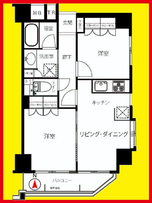 Floor plan. 2LDK, Price 29,800,000 yen, Occupied area 44.82 sq m , Balcony area 5.1 sq m