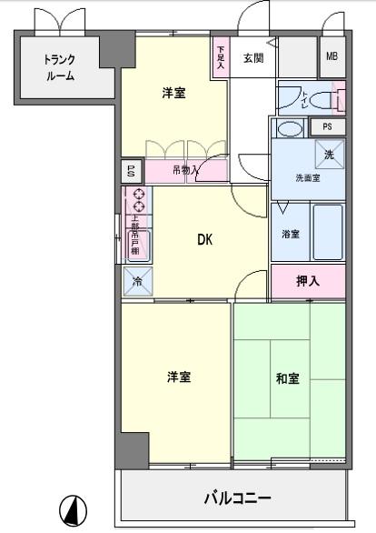 Floor plan. 3DK, Price 30 million yen, Occupied area 57.09 sq m , Balcony area 7.02 sq m bright 3DK, Is a useful trunk room equipped