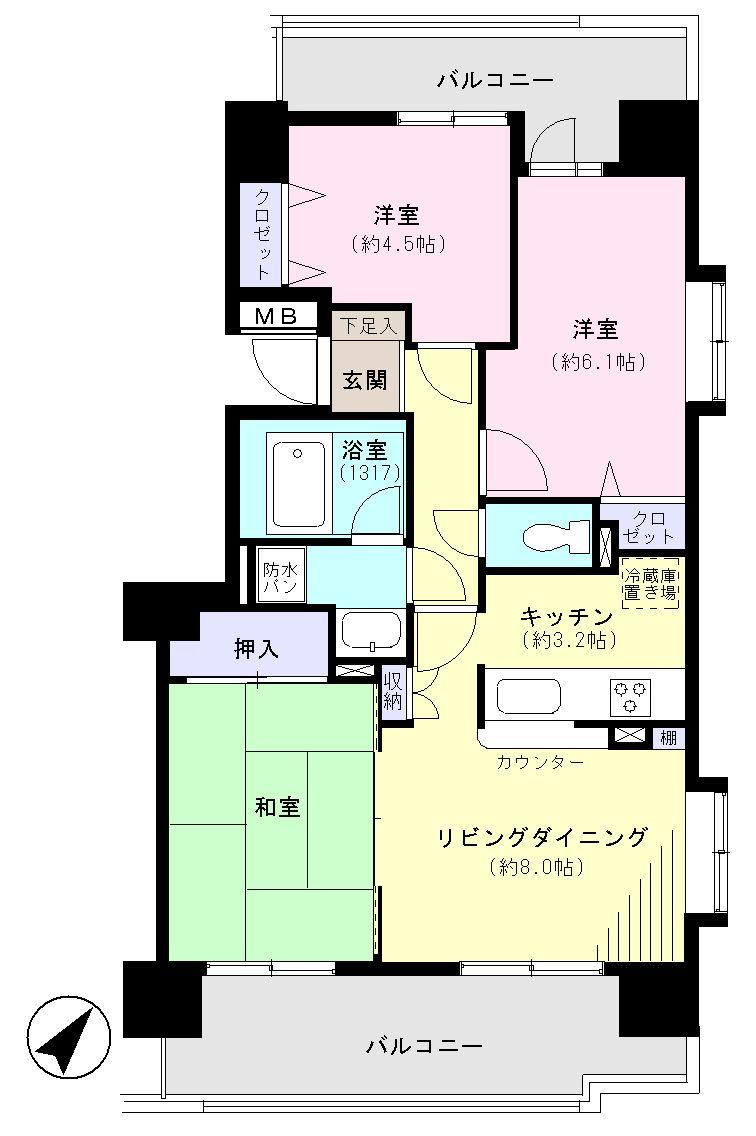 Floor plan. 3LDK, Price 43 million yen, Footprint 62.3 sq m , Balcony area 18.92 sq m