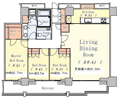 Floor plan. 3LDK, Price 120 million yen, Footprint 102.78 sq m , Balcony area 19.11 sq m