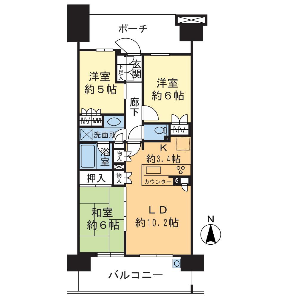 Floor plan. 3LDK, Price 33,800,000 yen, Occupied area 67.58 sq m , Balcony area 12.3 sq m