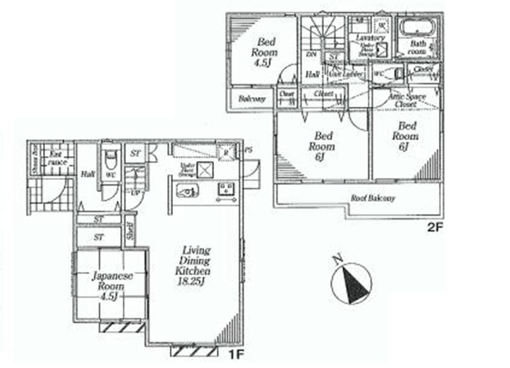 Floor plan. (1 Building), Price 34,800,000 yen, 4LDK, Land area 105.26 sq m , Building area 92.74 sq m
