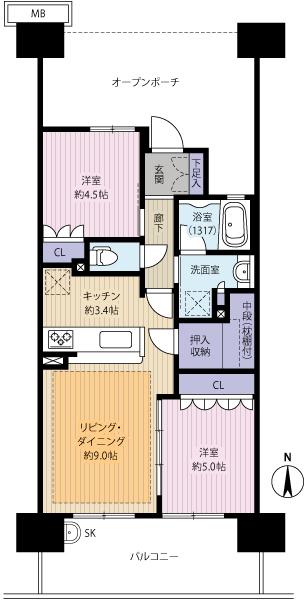 Floor plan. 2LDK, Price 28 million yen, Occupied area 53.36 sq m , Balcony area 11.4 sq m wide open porch is also attractive.