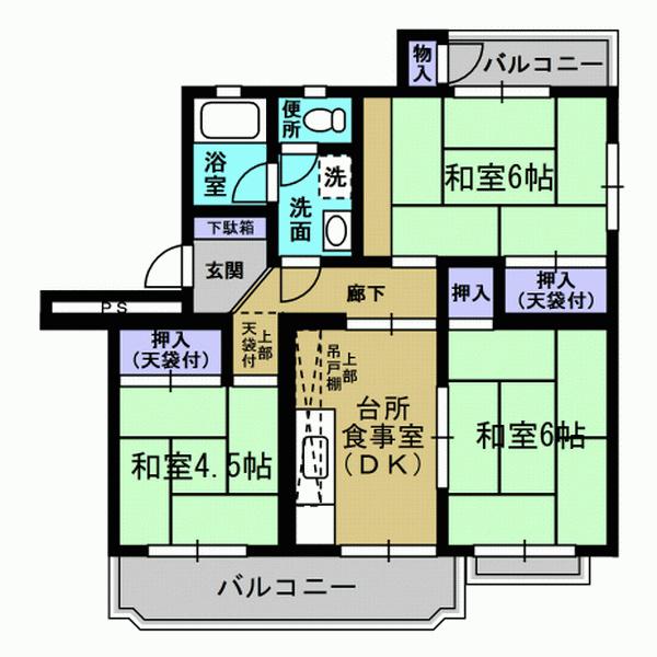 Floor plan. 3DK, Price 9 million yen, Occupied area 59.65 sq m , Balcony area 9.62 sq m