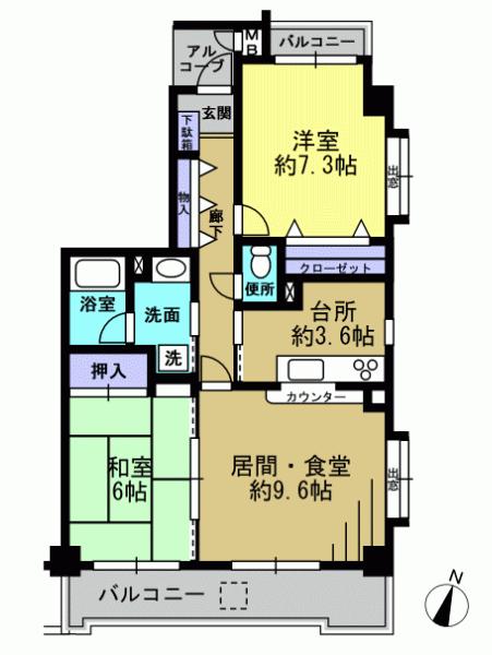 Floor plan. 2LDK, Price 18.5 million yen, Occupied area 63.09 sq m , Balcony area 10.12 sq m