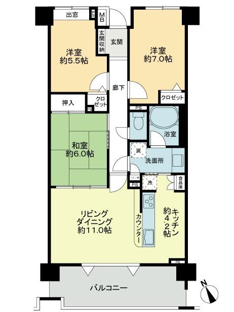 Floor plan. 3LDK, Price 33 million yen, Occupied area 75.03 sq m , Balcony area 12.56 sq m
