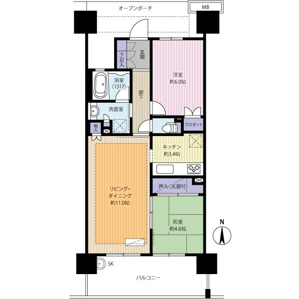 Floor plan. 2LDK, Price 28.8 million yen, Occupied area 57.15 sq m , Balcony area 11.4 sq m