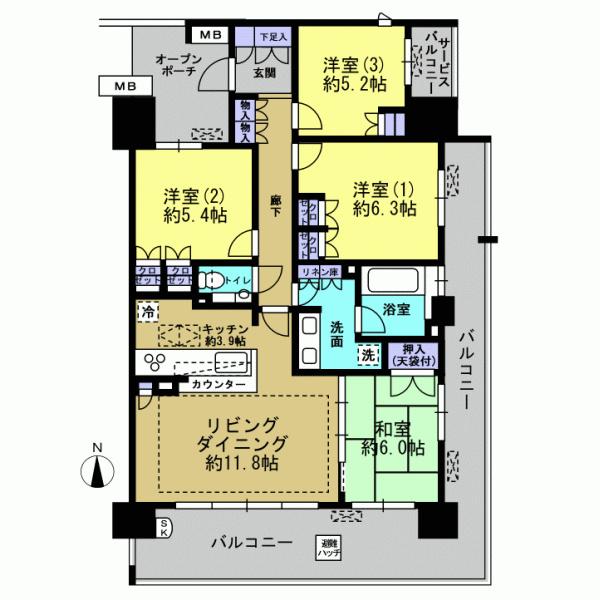 Floor plan. 4LDK, Price 44,800,000 yen, Occupied area 88.02 sq m , Balcony area 28.31 sq m