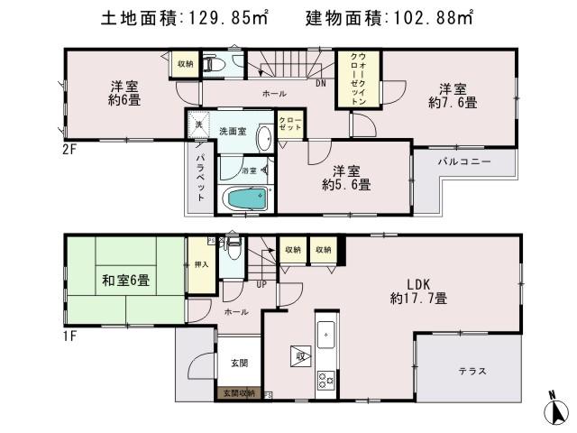 Floor plan. 45,800,000 yen, 4LDK + S (storeroom), Land area 129.85 sq m , Building area 102.88 sq m