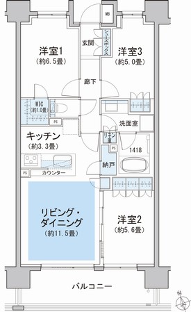  ■ F type ・ 3LDK + WIC + N footprint / 72.08 sq m  Balcony area / 11.34 sq m  ※ WIC = walk-in closet N = storeroom