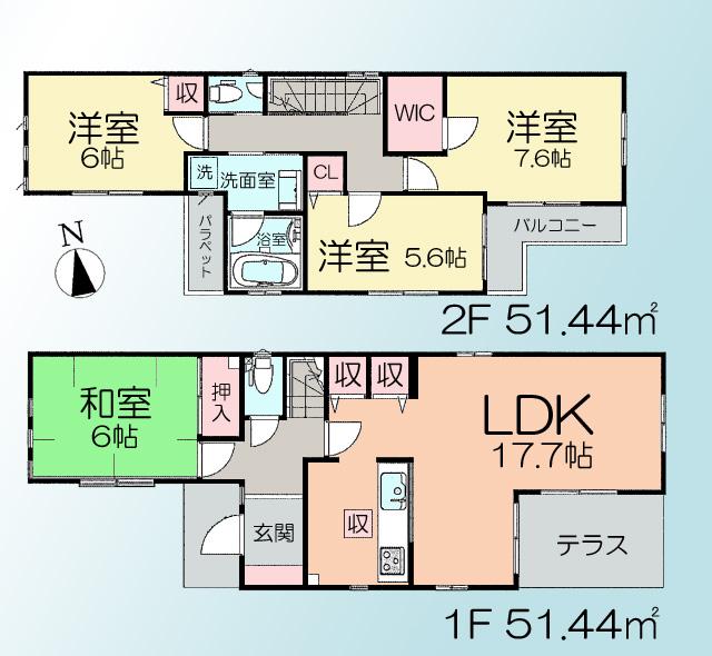 Floor plan. (1 Building), Price 45,800,000 yen, 4LDK, Land area 129.85 sq m , Building area 102.88 sq m