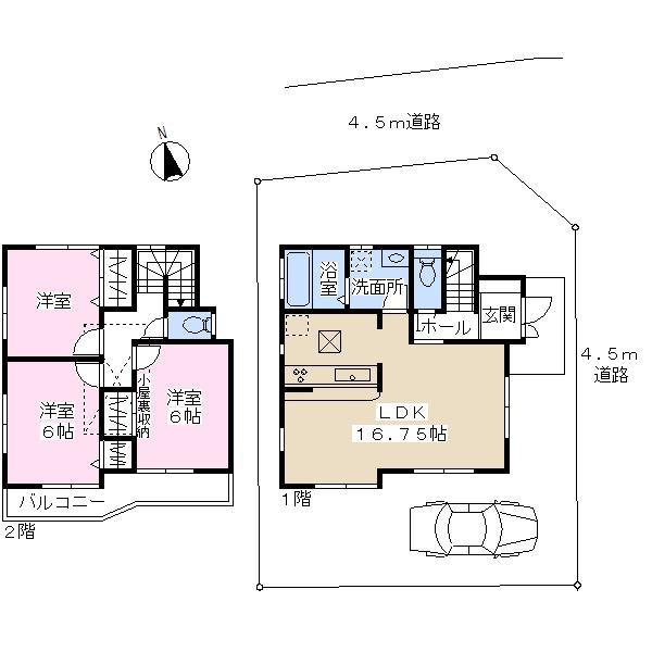 Floor plan. 32,900,000 yen, 3LDK, Land area 101.66 sq m , Building area 79.78 sq m 1 floor: 40.90 sq m  Second floor 38.88 sq m Parking: Two possible (by car)
