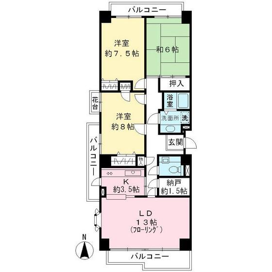 Floor plan. 3LDK, Price 22,800,000 yen, Occupied area 96.39 sq m , Balcony area 15.65 sq m