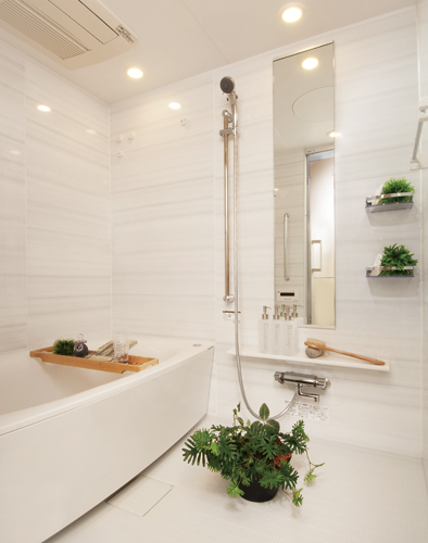 Bathing-wash room.  [Bathroom] On the floor, And good drainage, Adopt a flag stone floor to slip. Bathroom heating dryer and swish swish and clean the drain outlet, Such as a handrail to support the operation at the time of bathing, Adopt the equipment to produce a high-quality relaxation.