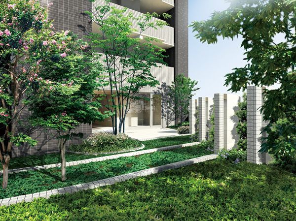 Shared facilities.  [Pictorial Garden] The floor tiles and an extension that follows from entrance, Pictorial garden which gave the inside and outside of the connection (Tsuboniwa). And orderly lined design Wall, Trees arranged randomly, As a piece of picture, It is a space that gives a pleasant comfort to live people. (Rendering)