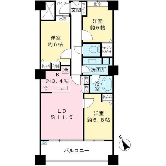 Floor plan. 3LDK, Price 29,800,000 yen, Occupied area 70.68 sq m , Balcony area 11.34 sq m